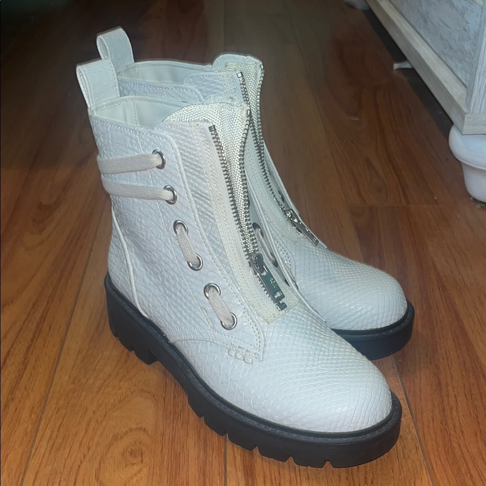 UGG Black and White Combat Boots with Front Zipper